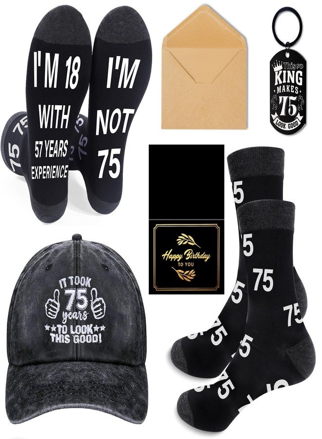Keluna 75th Birthday Gifts for Men - 4Pcs 75 Year Old Mens Birthday Gifts Ideas, Funny Baseball Cap, Socks, Keychain, Greeting Card with Envelope, Cool 75th Presents for Him Dad Granpa Husband Boss - Image 1